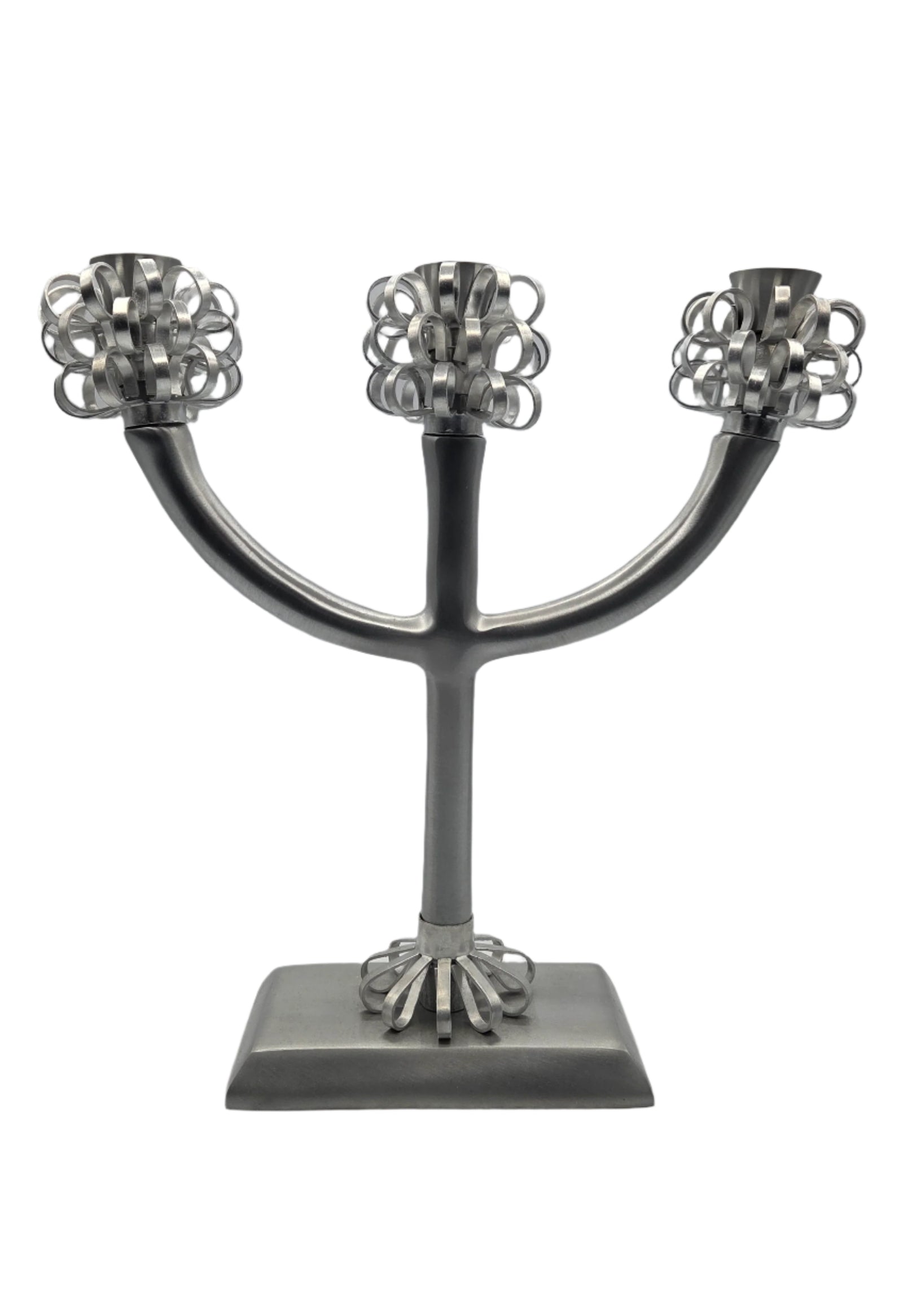 Metallic candelabra with three arms on a gray background