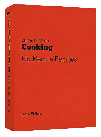 Red book titled 'No-Recipe Recipes' by Sam Sifton on a white background