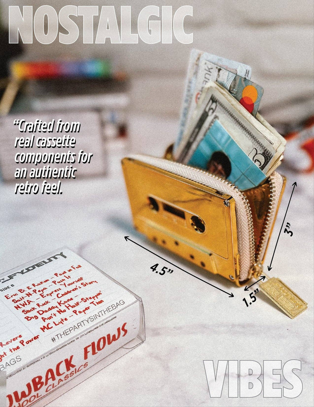 Gold Chrome Cassette Tape Wallet | Cute Metallic Retro Gifts
