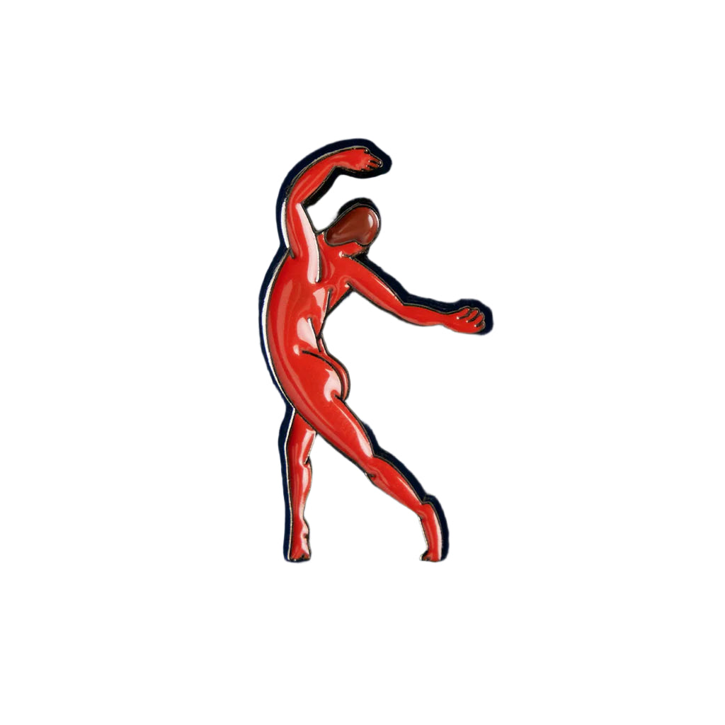 Red and black abstract sculpture of a figure on a white background