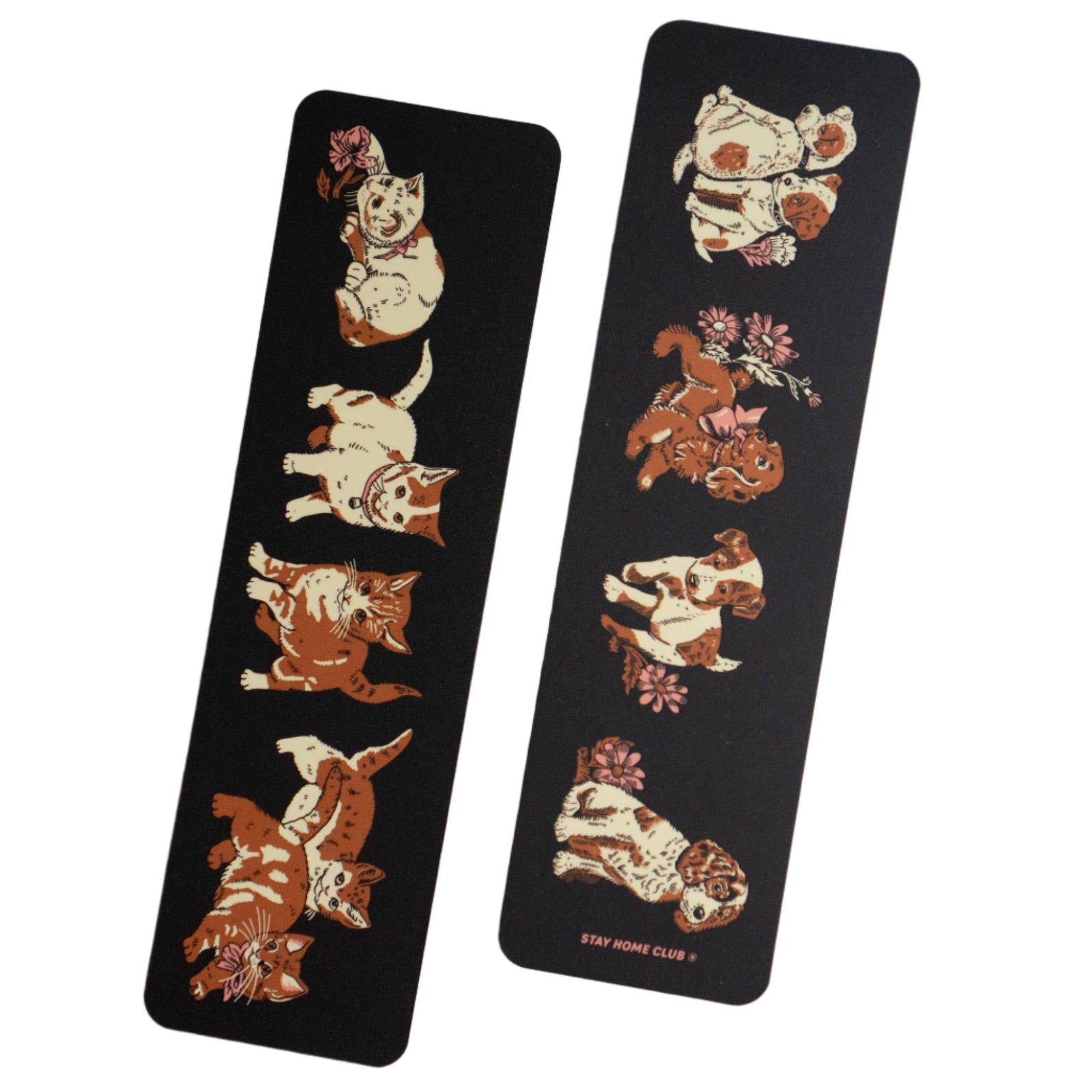 Two black bookmarks. One with illustrations of dogs and flowers and the other with cats and flowers on a textured white surface.