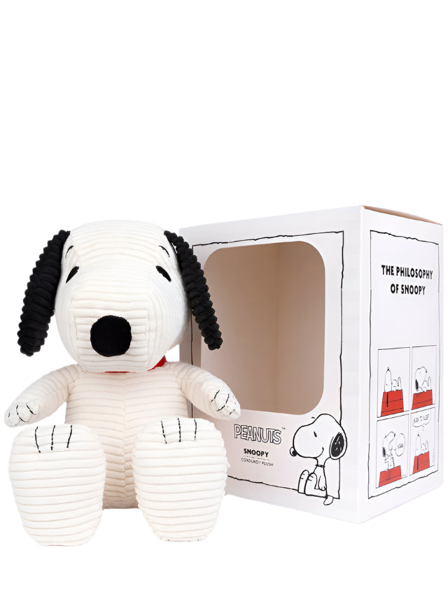Plush toy resembling a dog with a black nose and ears next to a Snoopy-themed box.