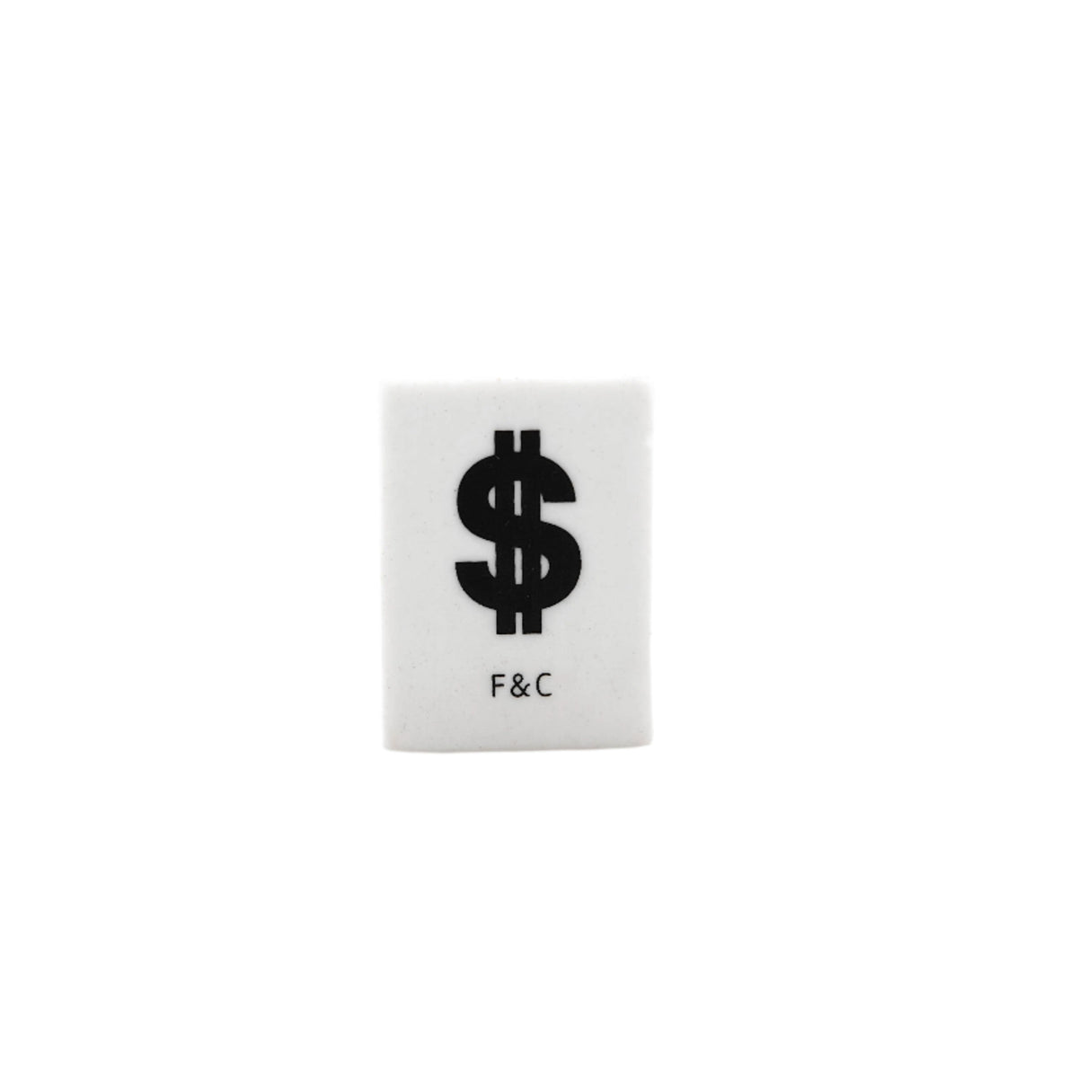 Small white wraser with a black dollar sign and &#39;F&amp;C&#39; text on a white background