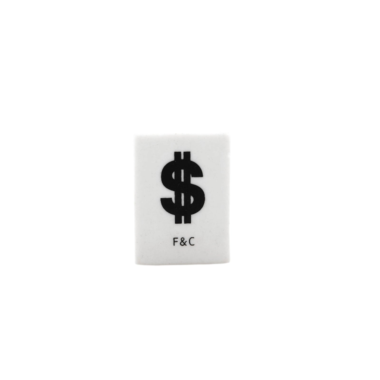 Small white wraser with a black dollar sign and 'F&C' text on a white background