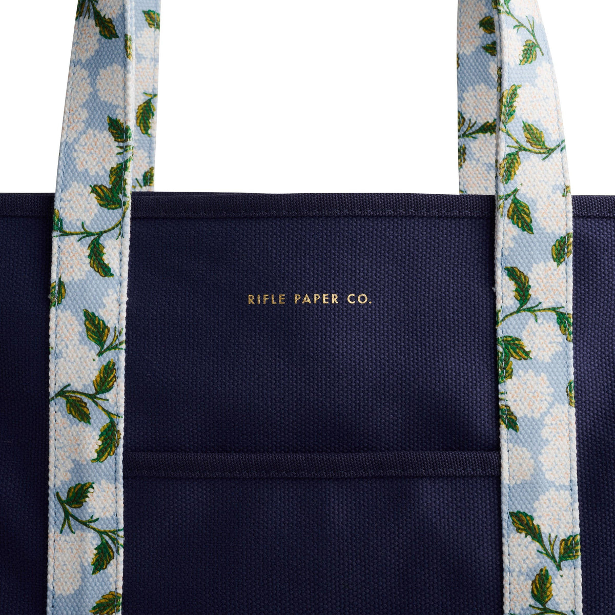 Navy tote bag with floral straps featuring &#39;Rifle Paper Co.&#39; branding.