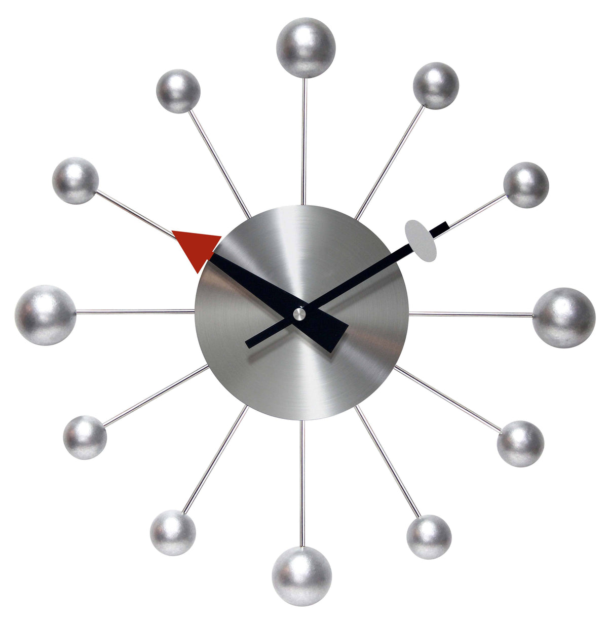 Modern wall clock with silver spherical design elements on a white background