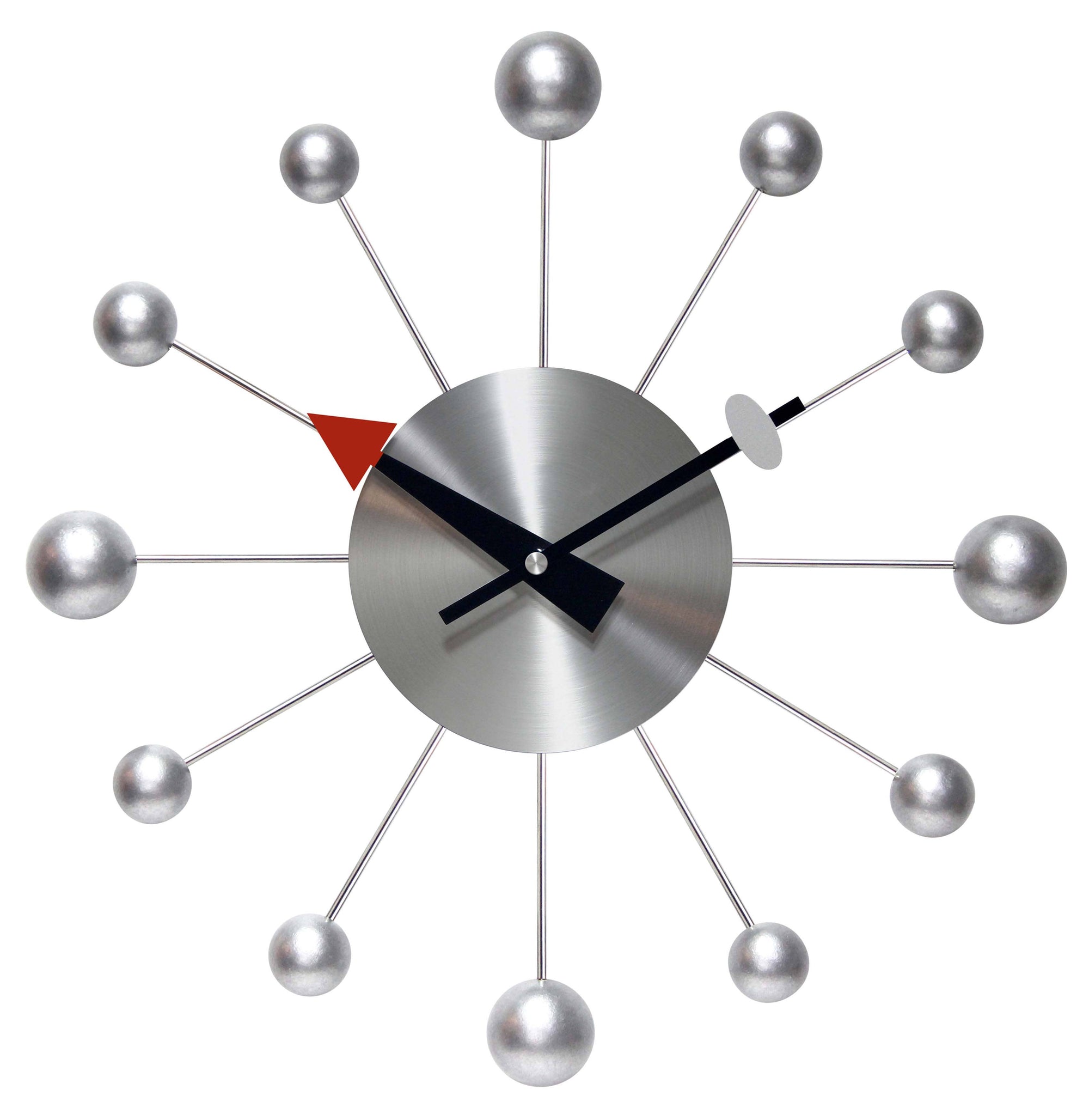 Modern wall clock with silver spherical design elements on a white background