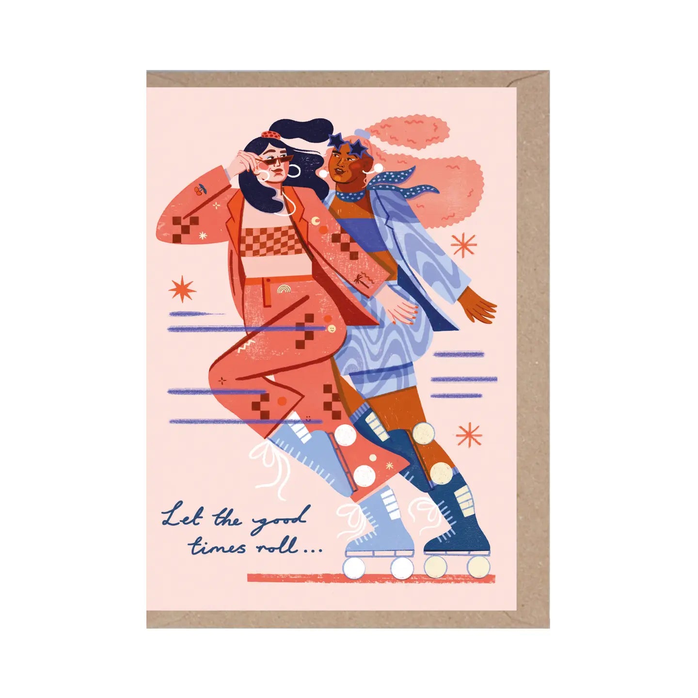 Illustration of two people roller skating with text on a pink background