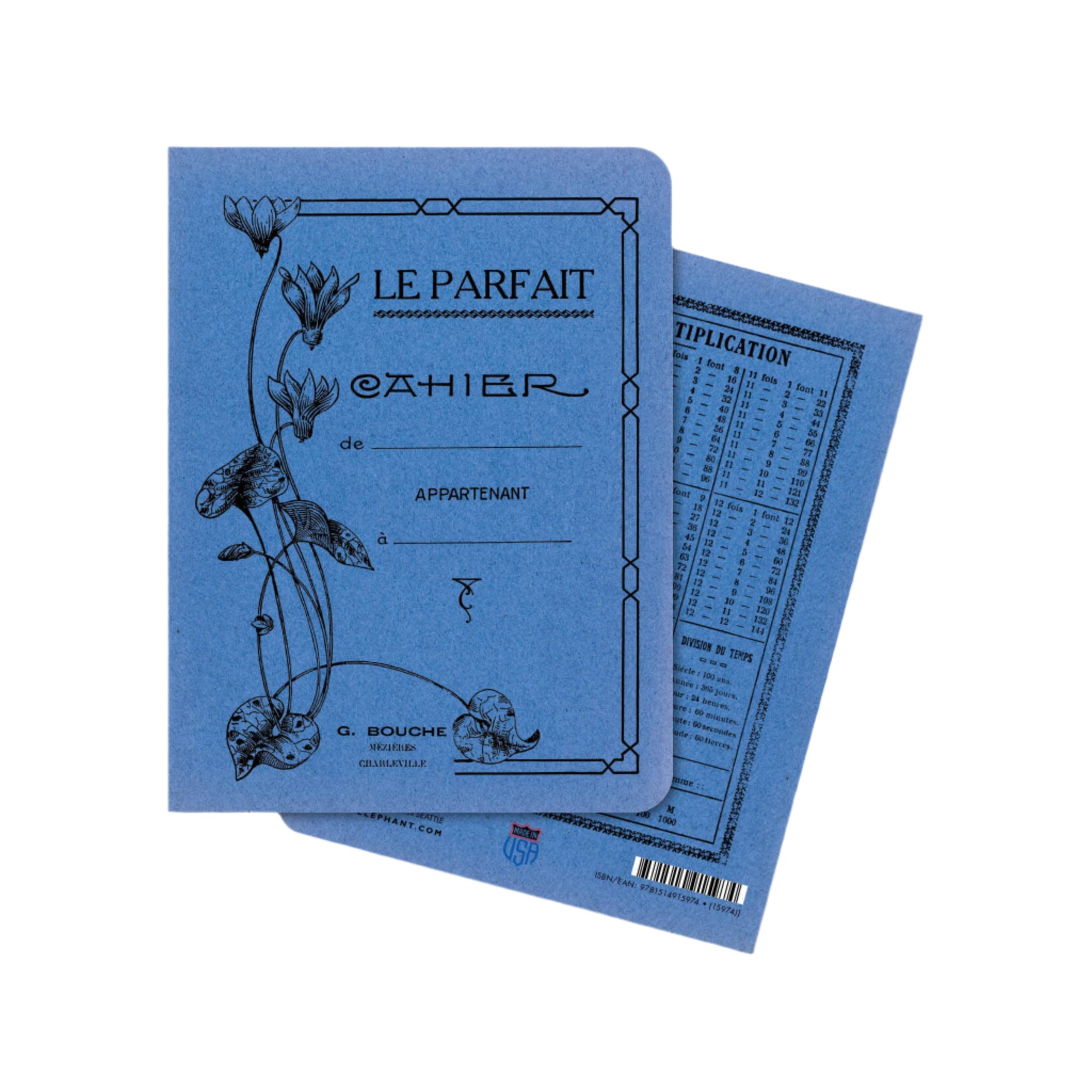 Blue notebook with floral design on a light gray background