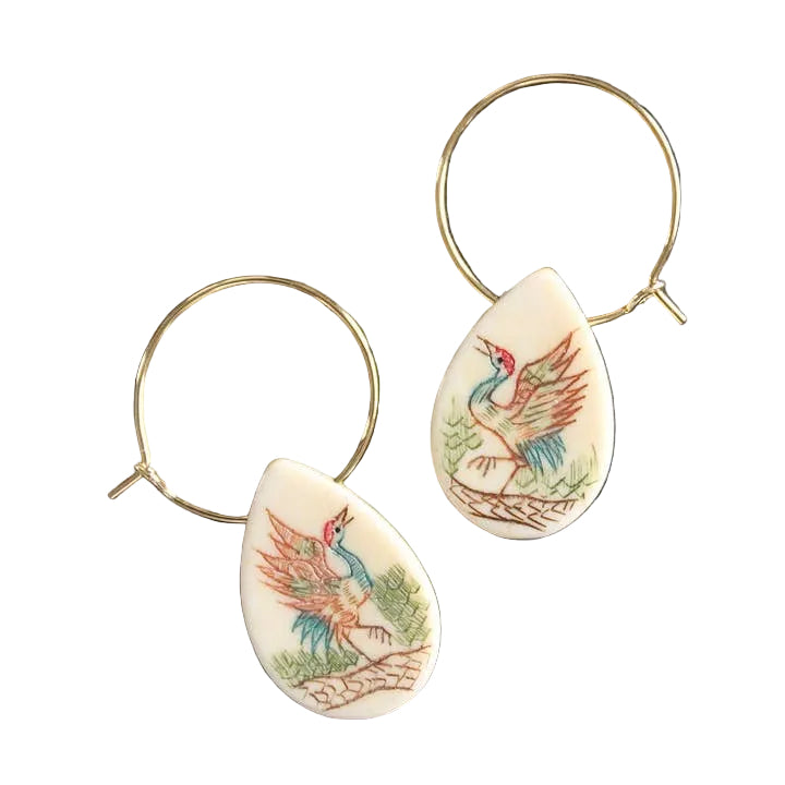 Hand-Painted Crane Buffalo Bone Hoop Earrings