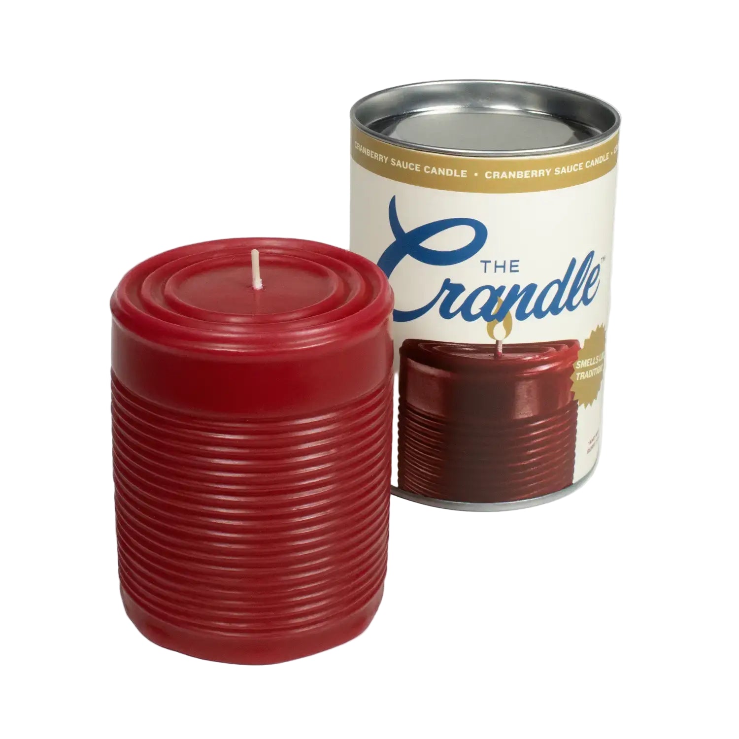 Red candle and 'The Crandle' canister on a white background