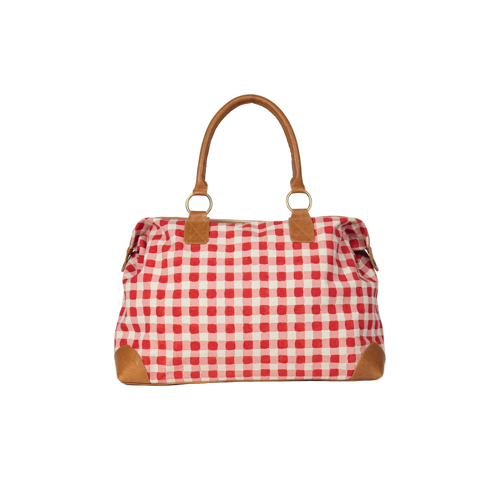 Red and white checkered handbag with brown handles and trim on a white background