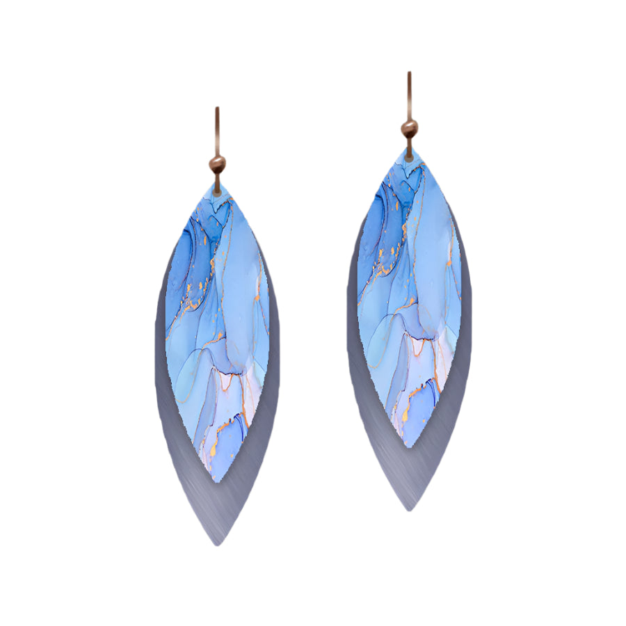 Pair of marbled blue and copper earrings on a white background
