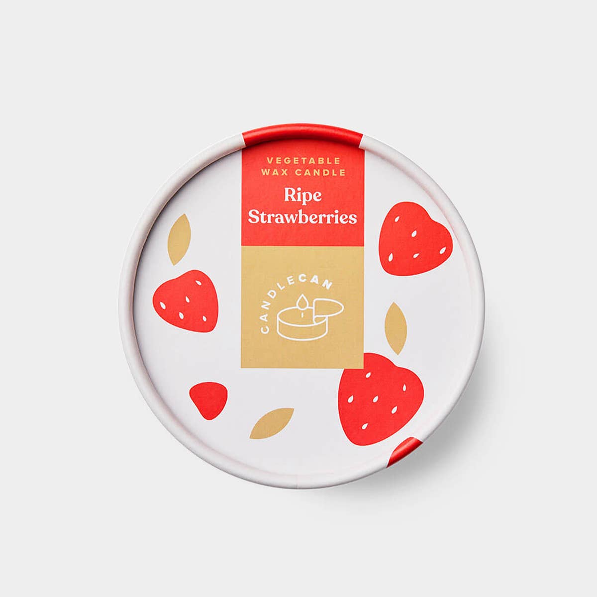 Candle tin with &#39;Ripe Strawberries&#39; label on a white background