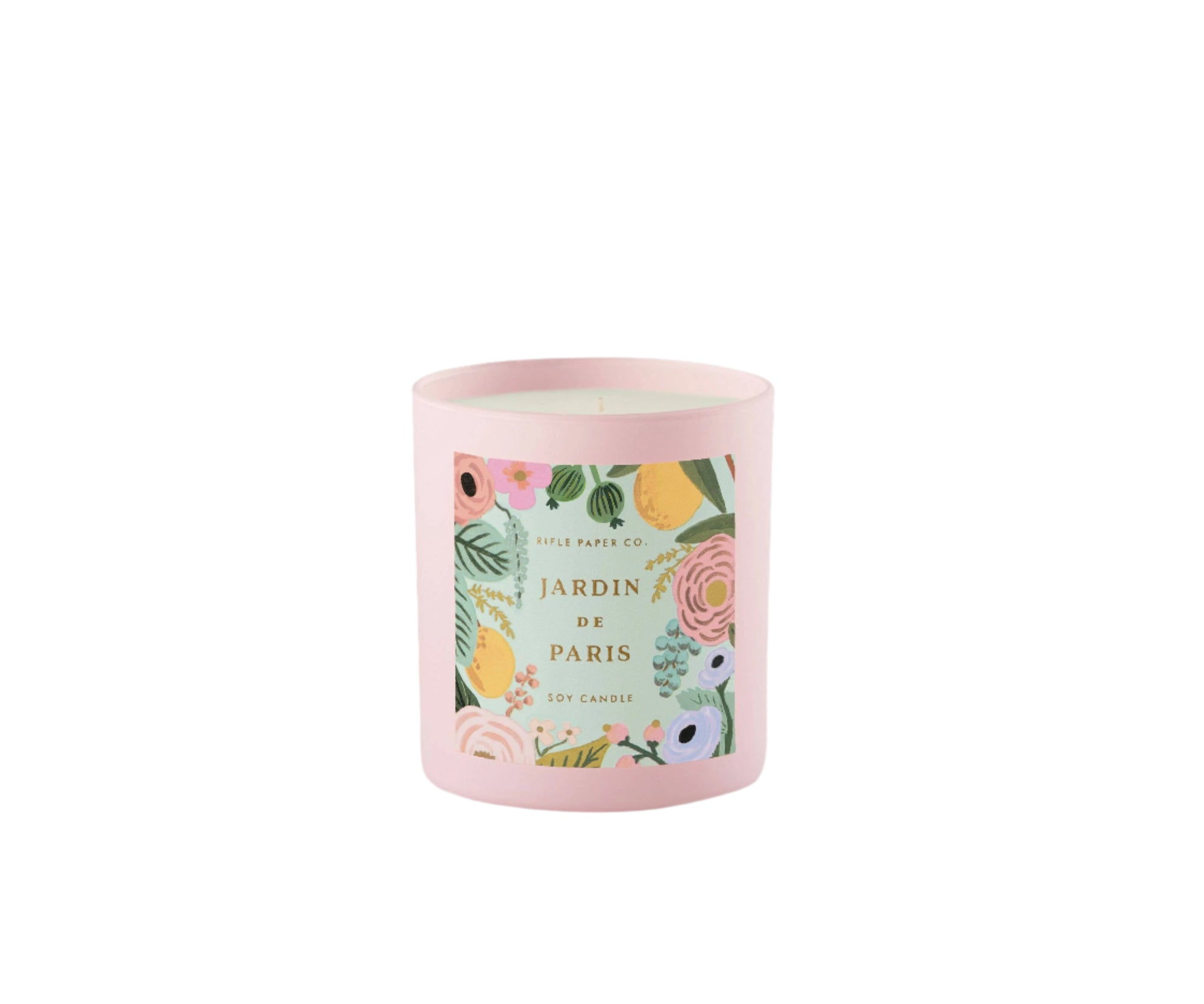 Pink candle jar with floral label that says Jardin De Paris Soy Candle on a white background