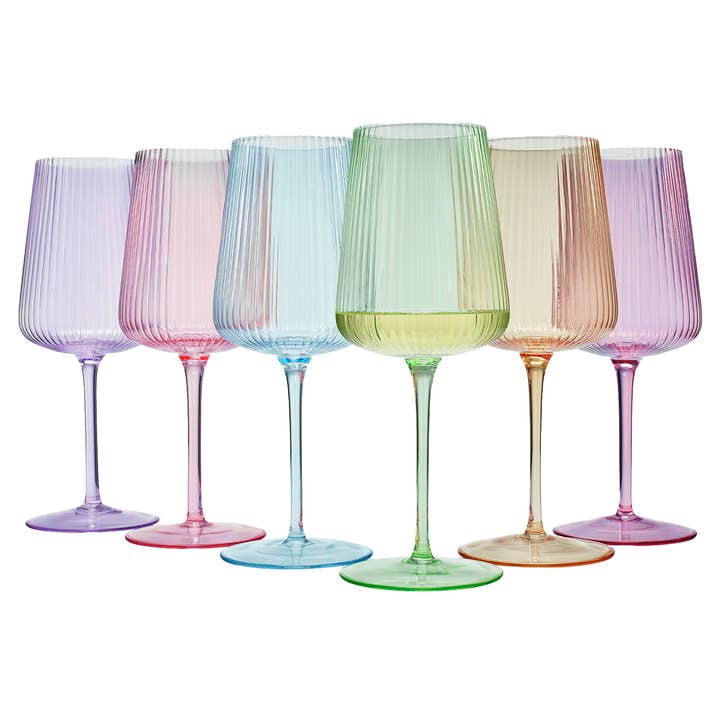 A set of six colorful wine glasses with a ripple design, available in pink, blue, green, purple, and orange colors.
