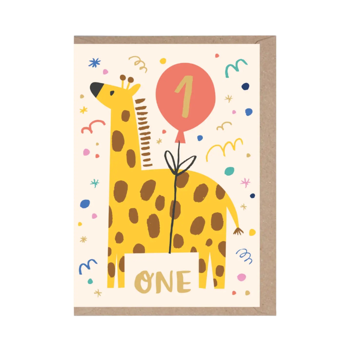 Greeting card with a giraffe holding a balloon and the word 'ONE' on a beige background.