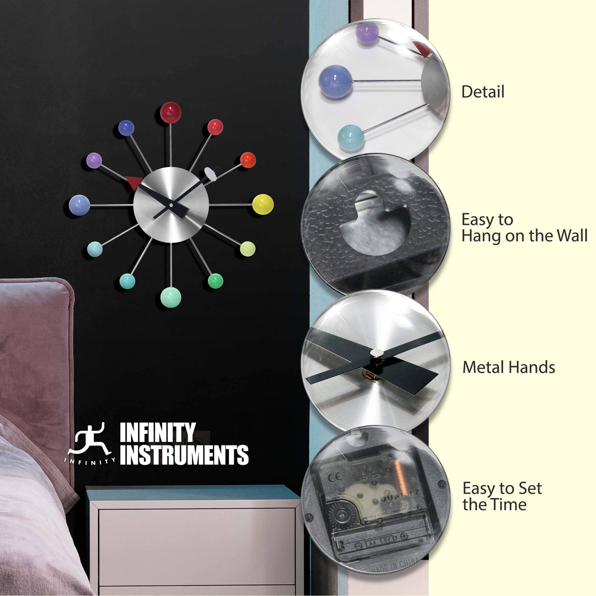 Decorative wall clock with metal hands and colorful accents, featuring Infinity Instruments branding.