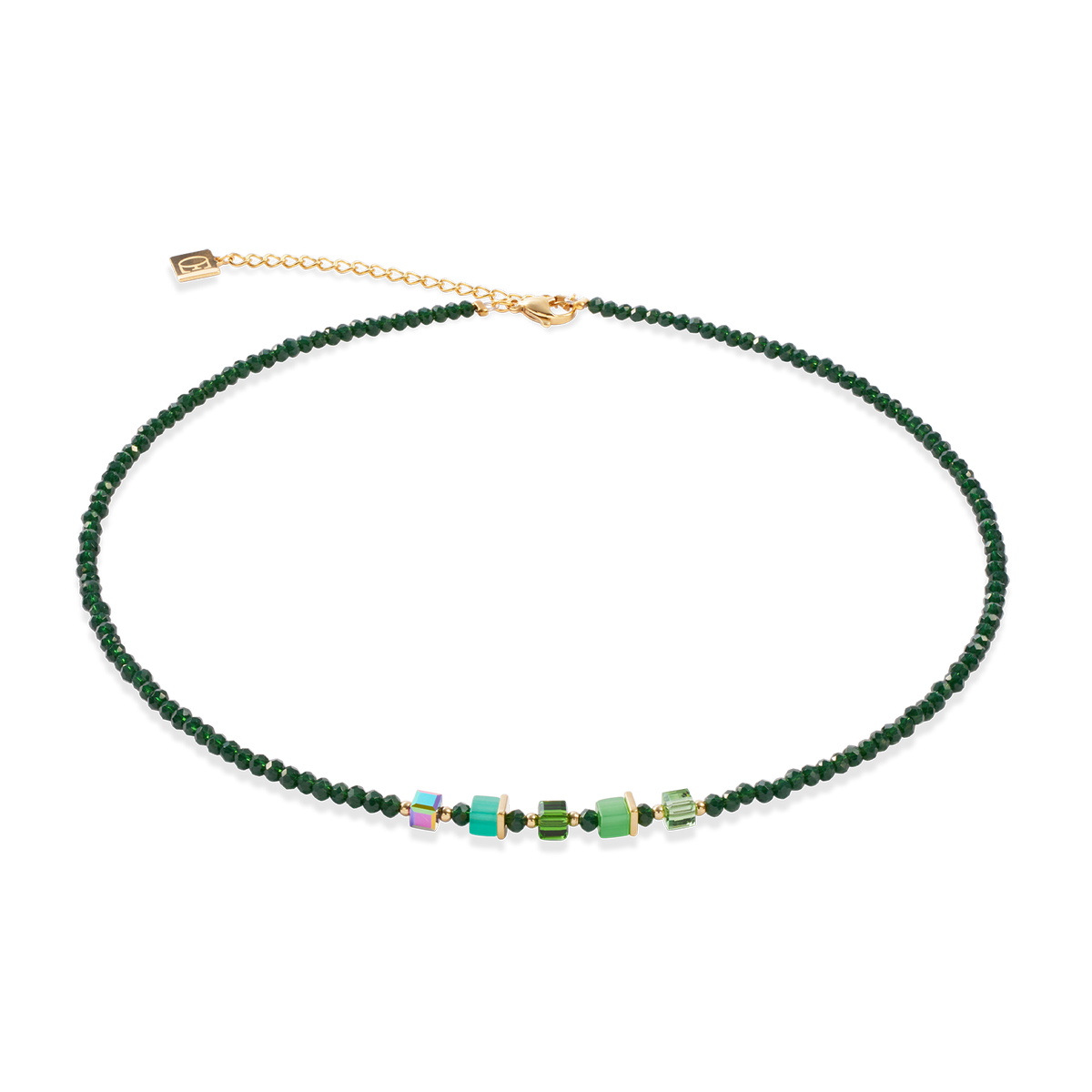 Green beaded necklace with colorful accents on a white background