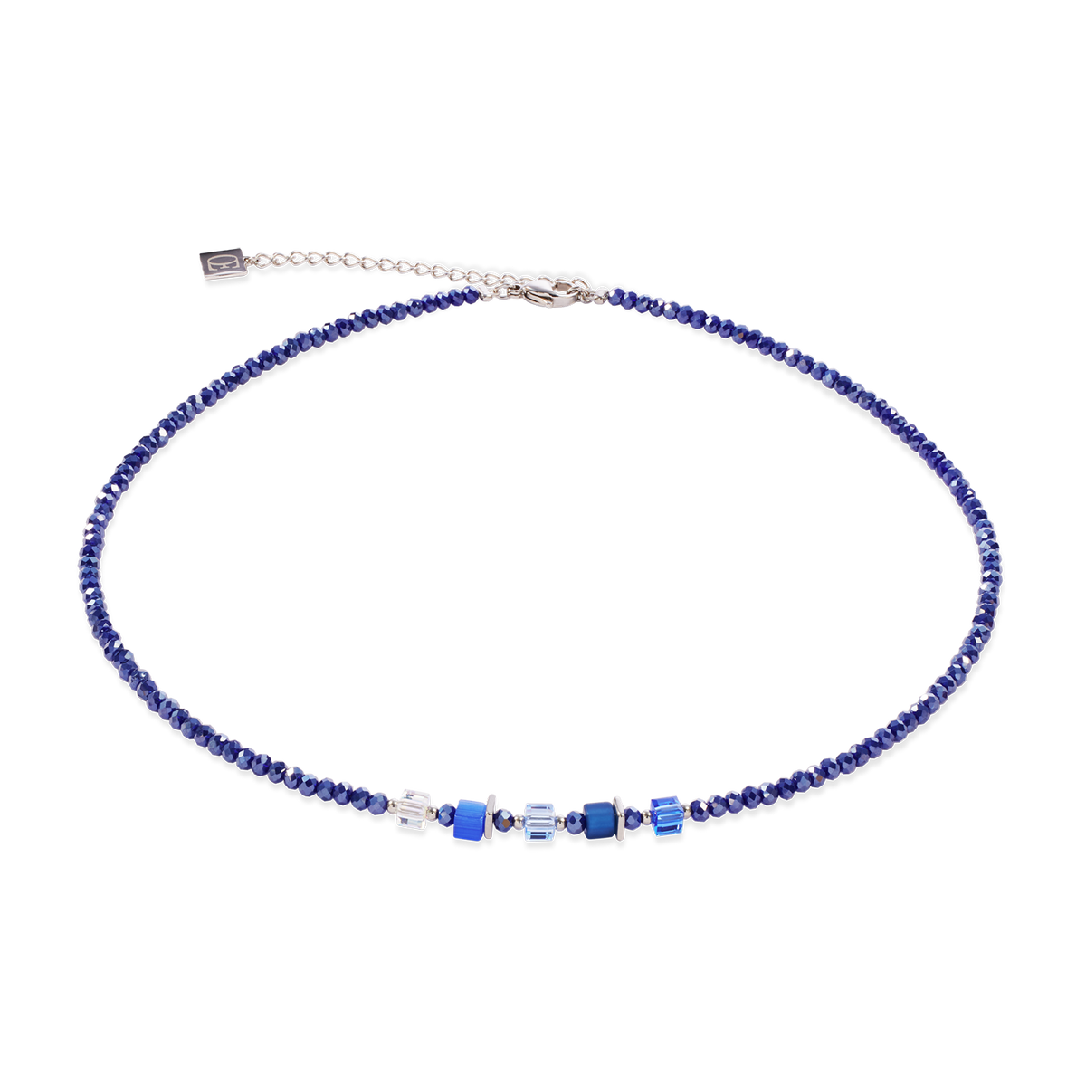 Blue beaded necklace on a white background