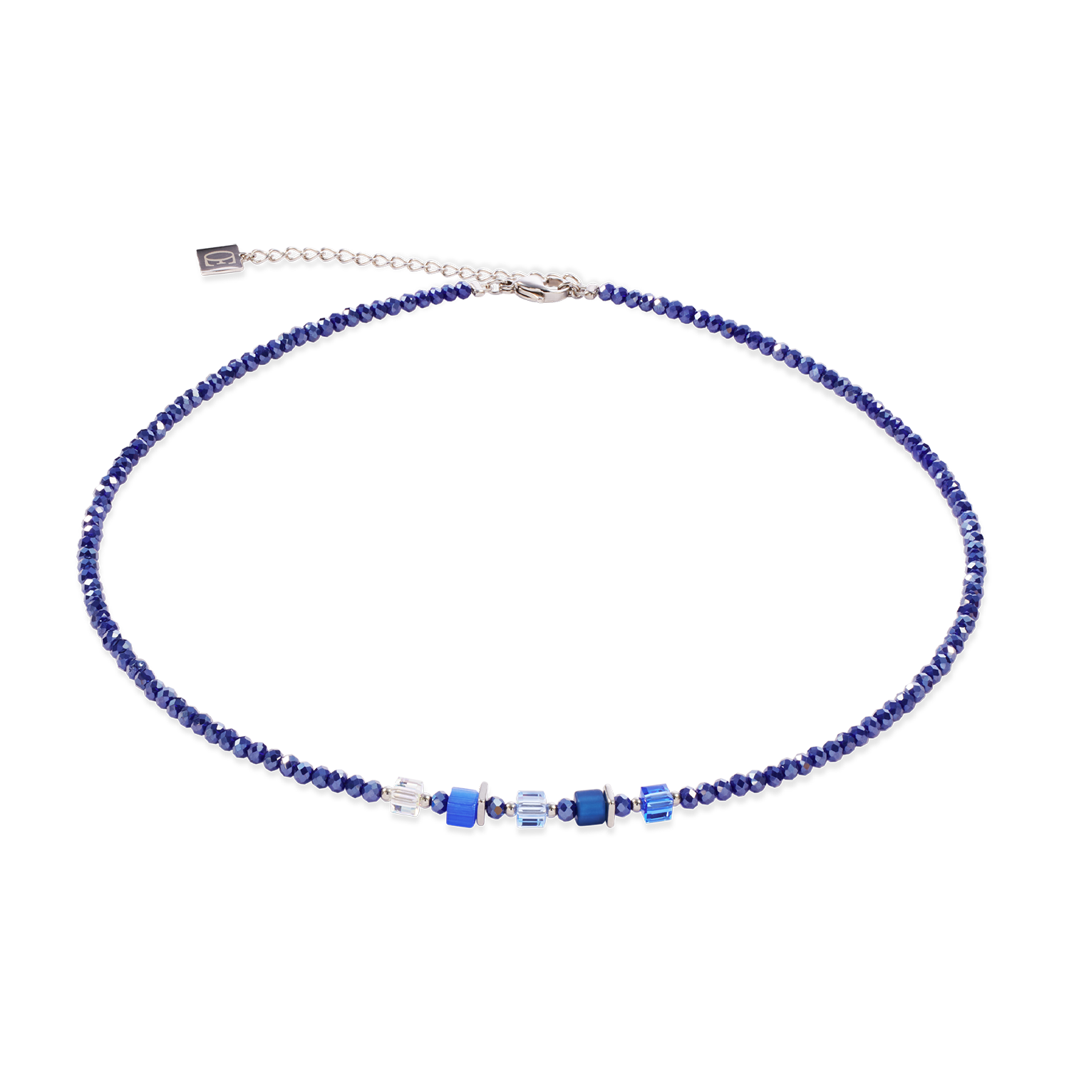 Blue beaded necklace on a white background