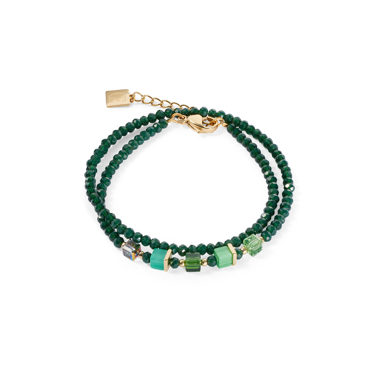Green beaded bracelet with gold accents on a white background