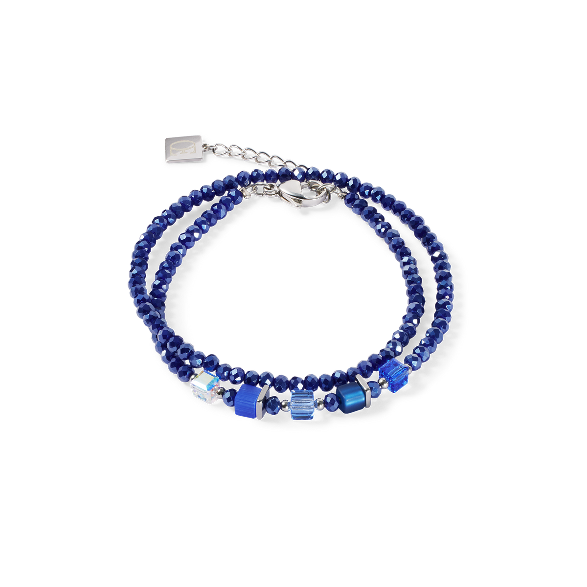 Blue beaded bracelet on a white background