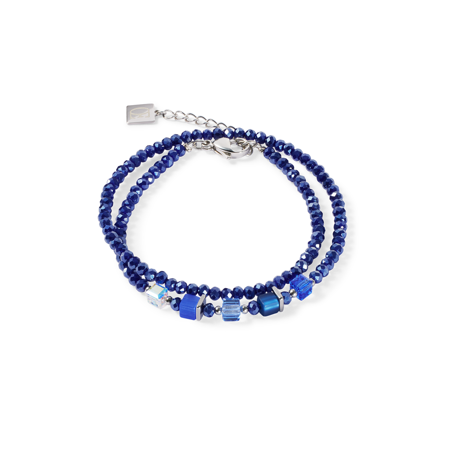 Blue beaded bracelet on a white background