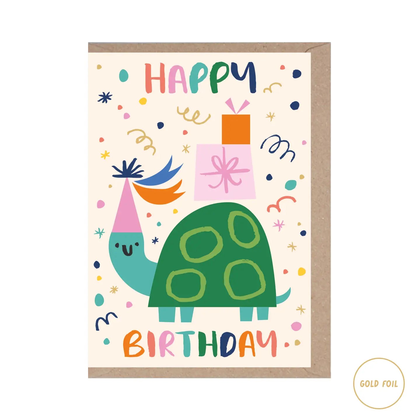 Birthday card with a turtle wearing a party hat and colorful text on a beige background