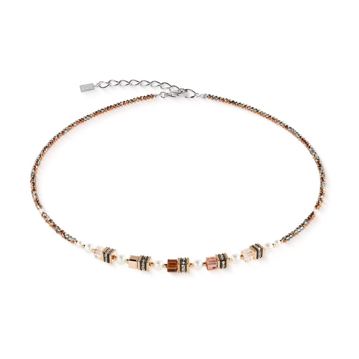 Necklace with brown beaded design on a white background