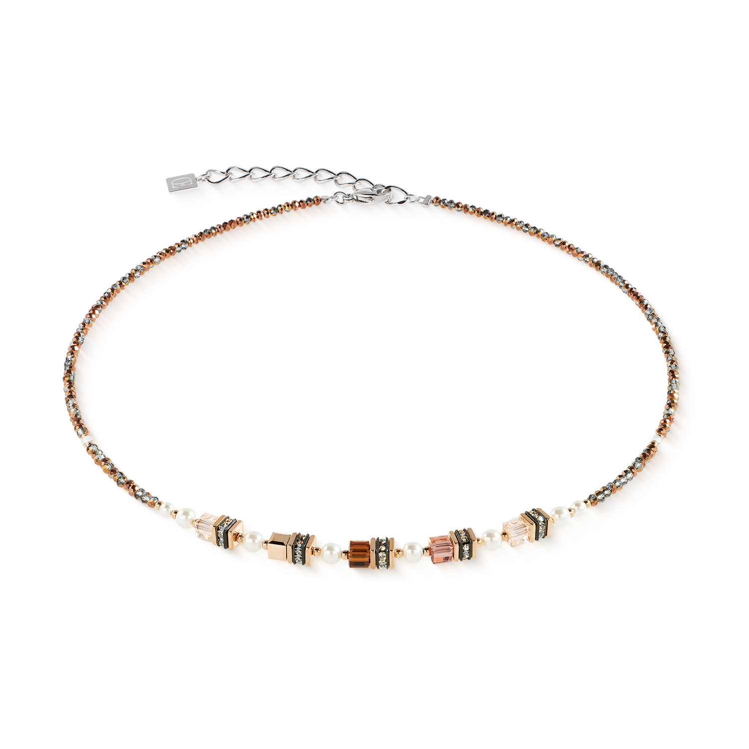 Necklace with brown beaded design on a white background