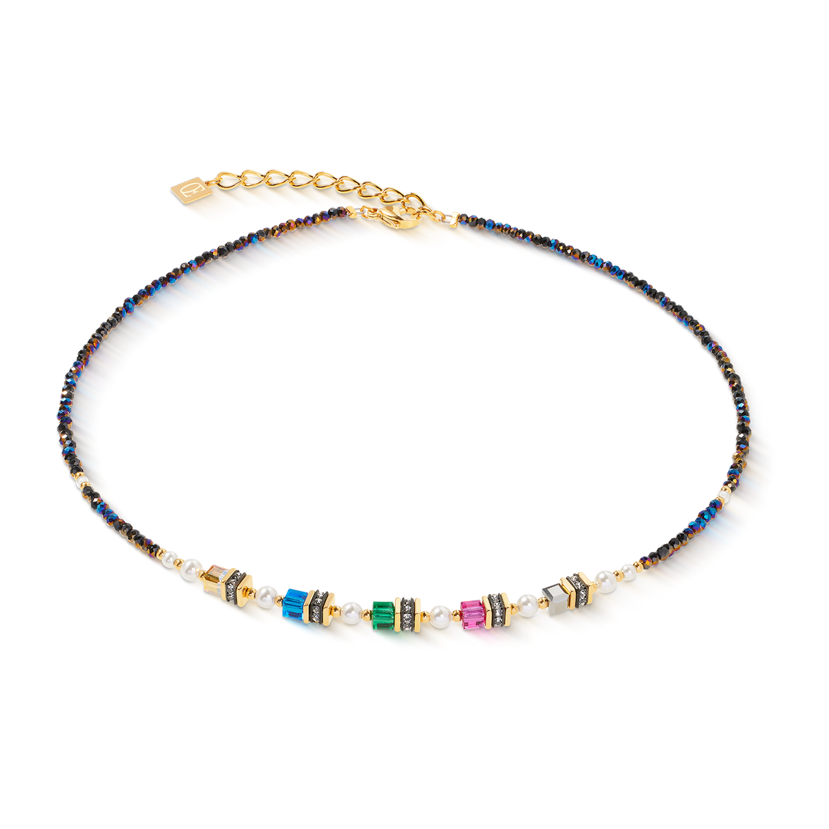 Necklace with multicolored beads on a white background
