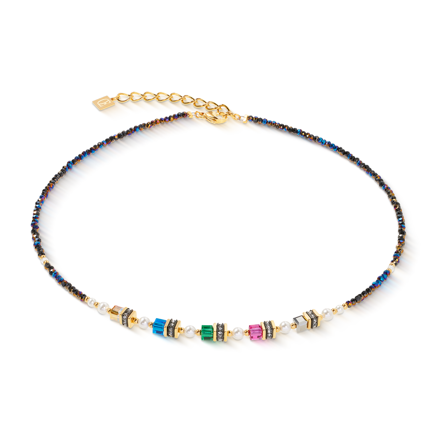 Necklace with multicolored beads on a white background