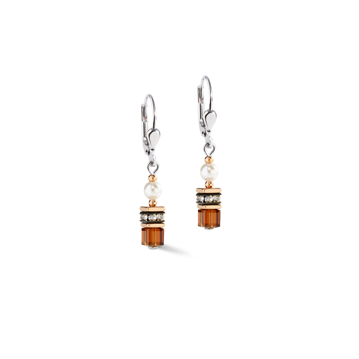 Pair of earrings with brown beads and pearls on a white background