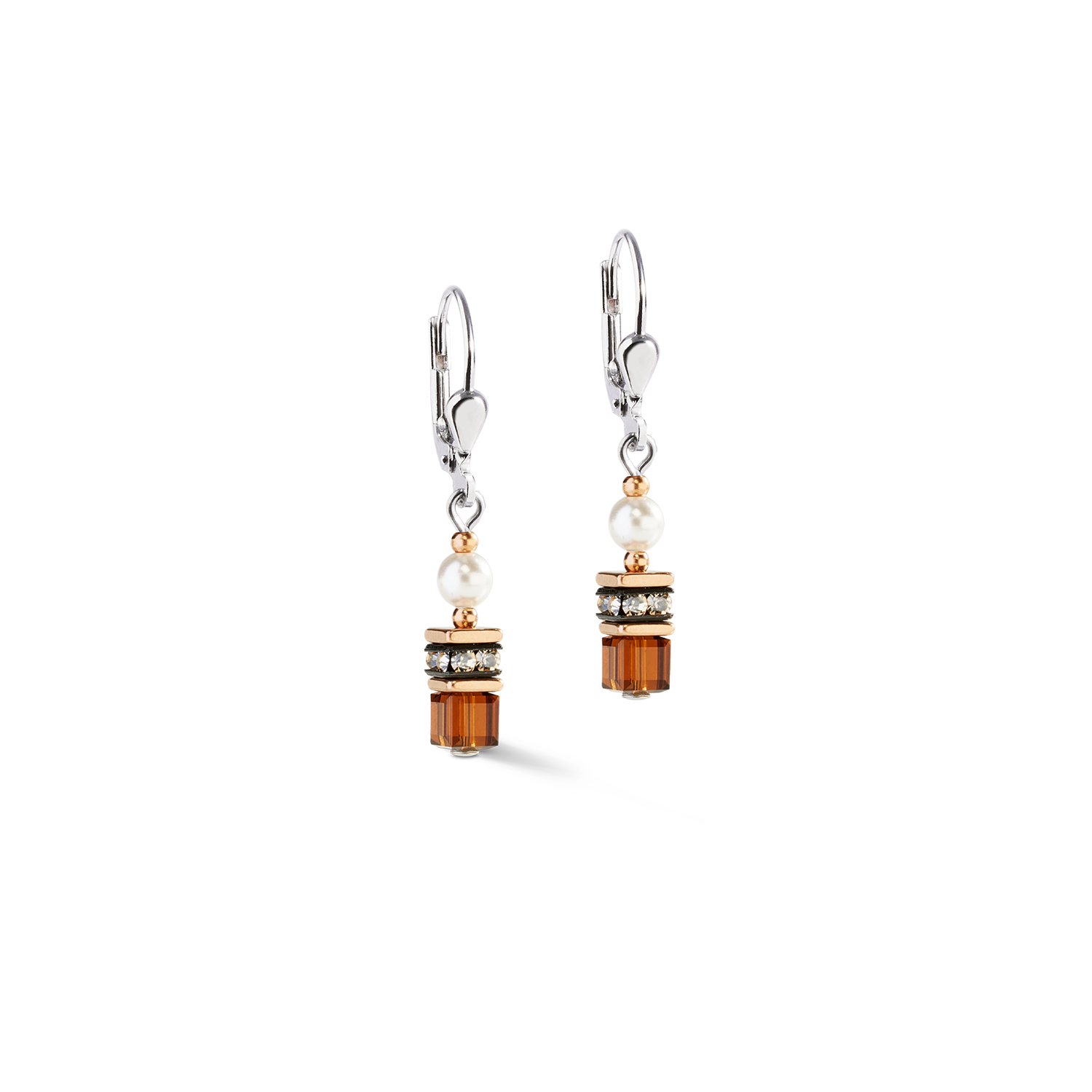 Pair of earrings with brown beads and pearls on a white background