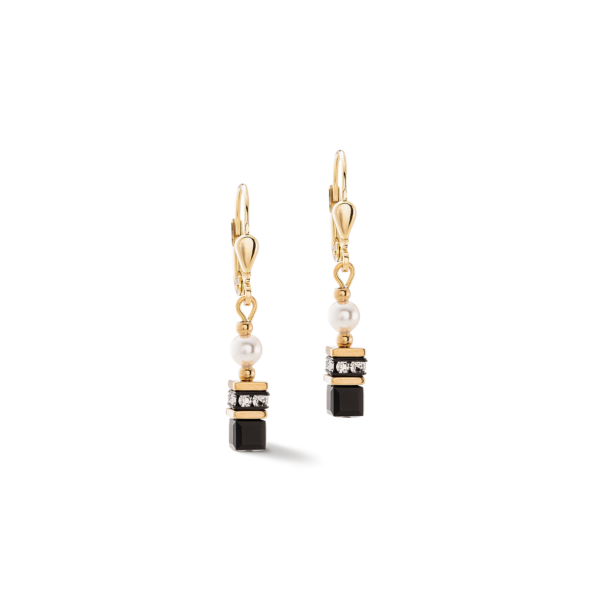Gold earrings with black and white stones on a white background