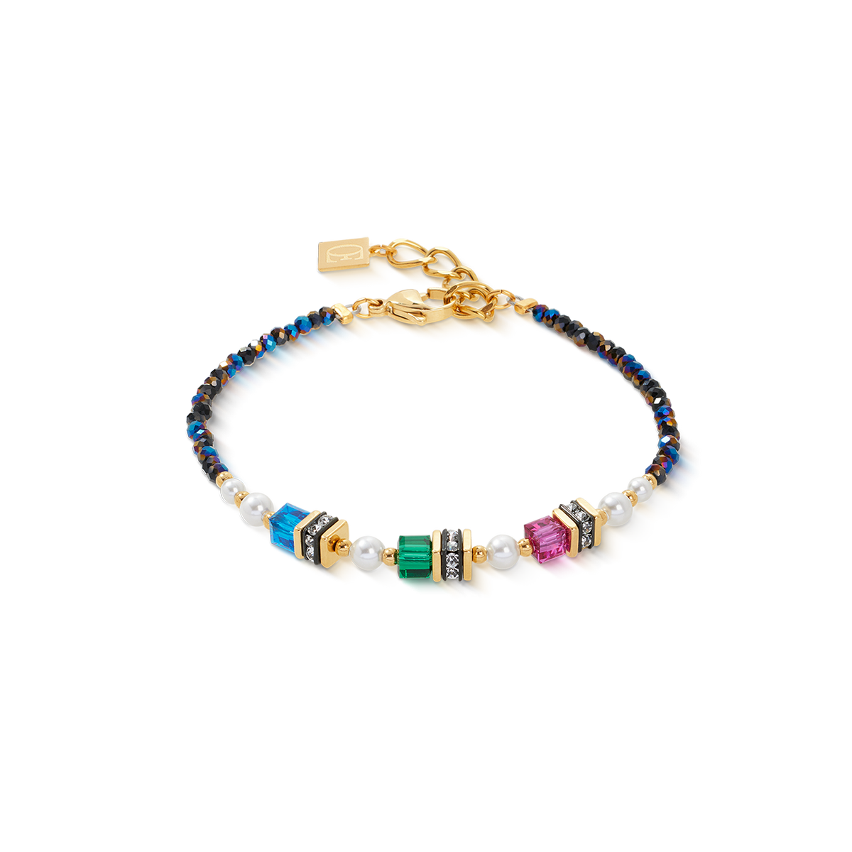 Multicolored beaded bracelet with gold clasp on a white background