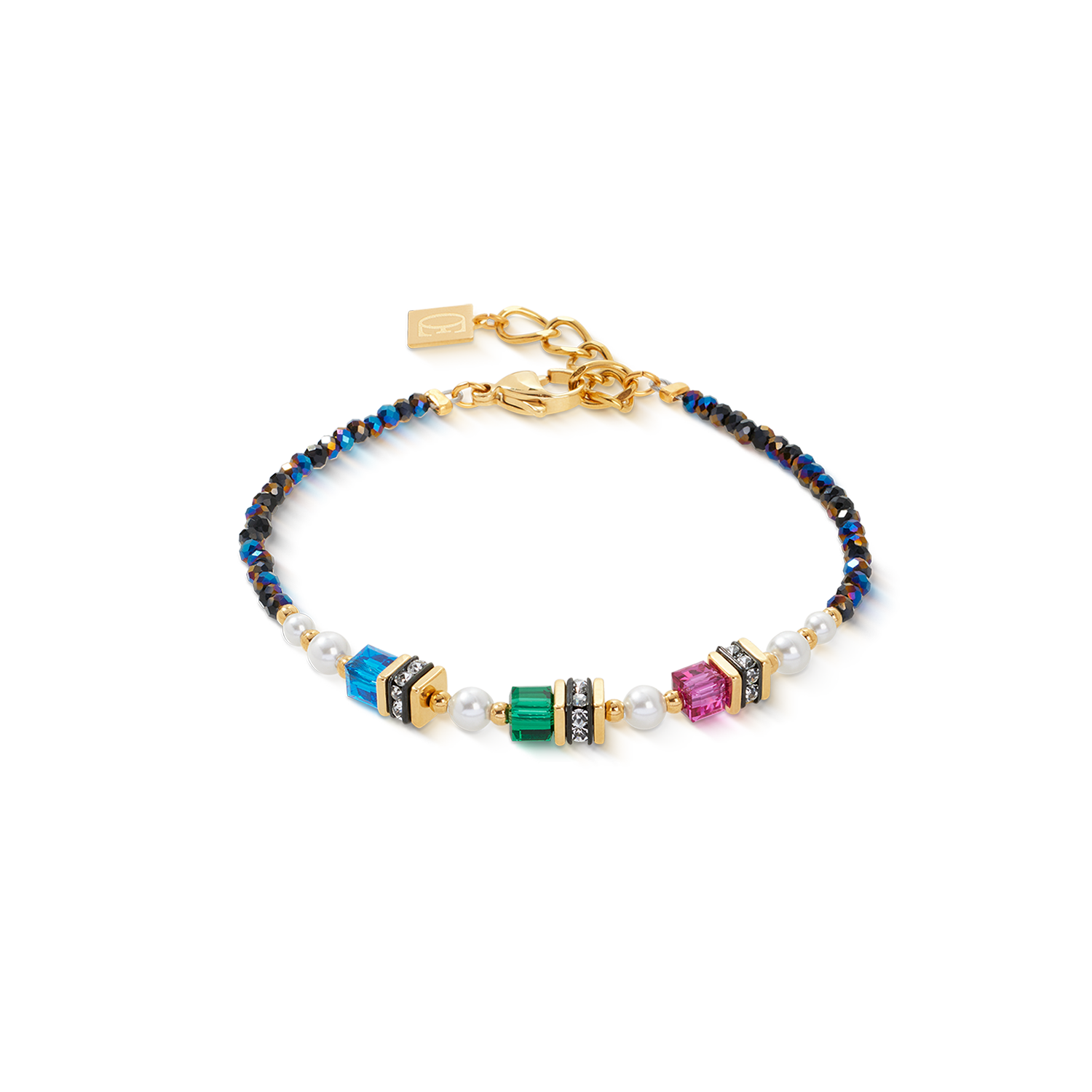 Multicolored beaded bracelet with gold clasp on a white background