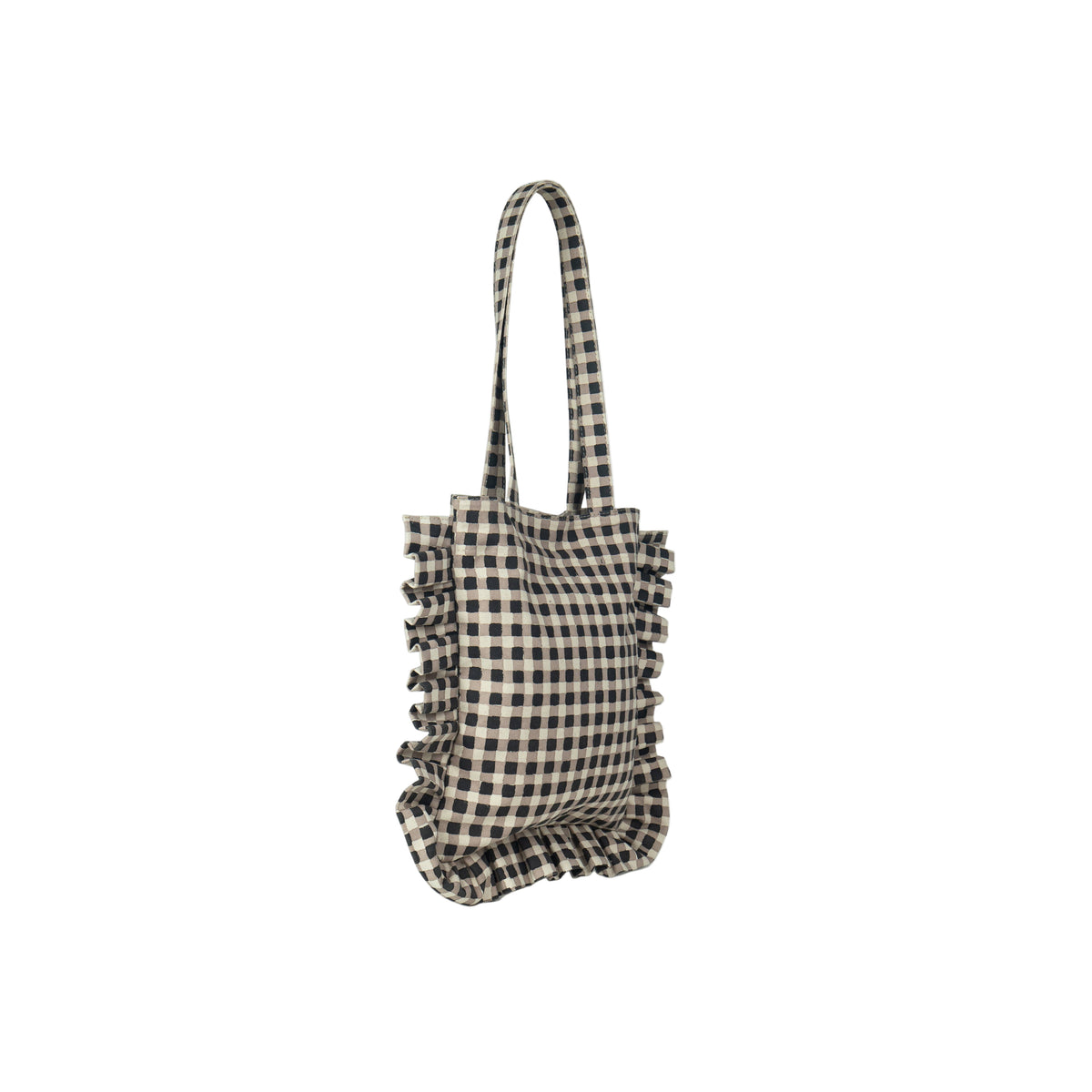 Black and white checkered tote bag with ruffled edges on a white background