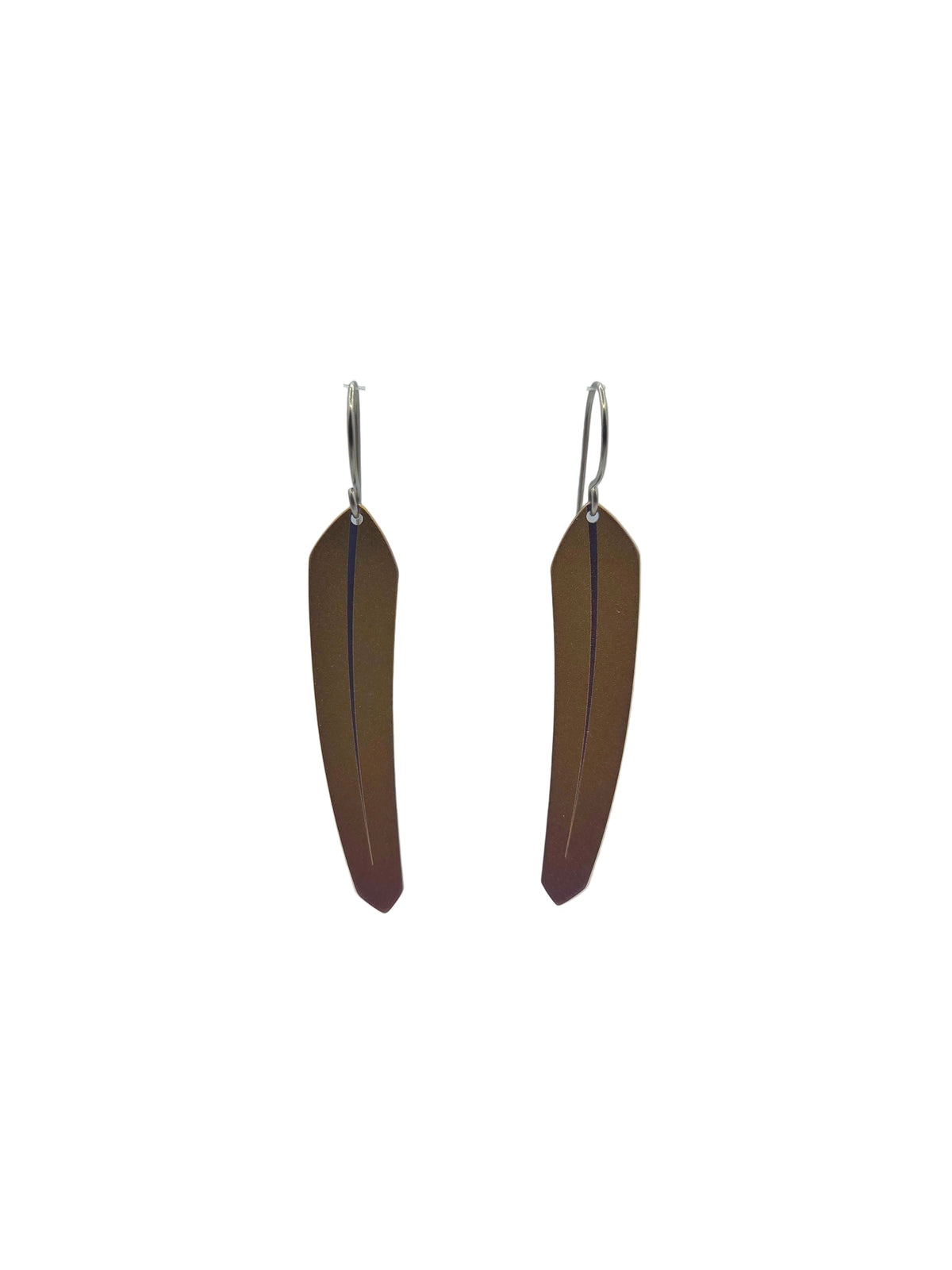 Pair of brown feather-shaped earrings on a white background
