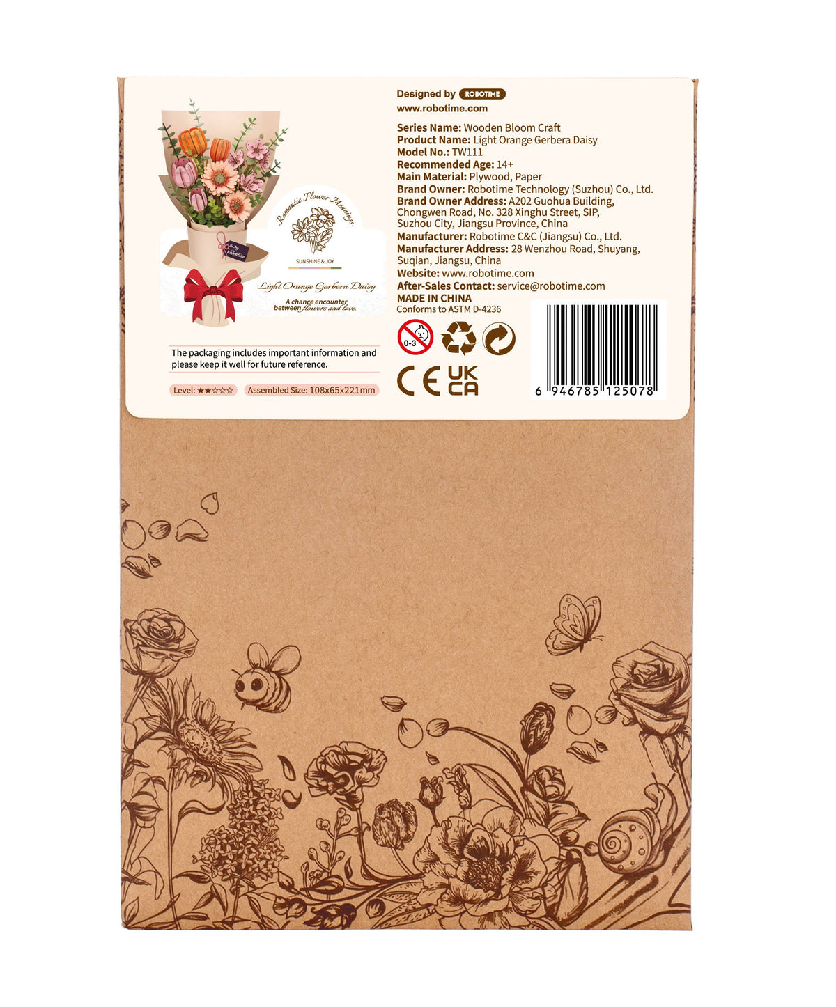 Light Orange DIY Wooden Flower 3D Puzzles