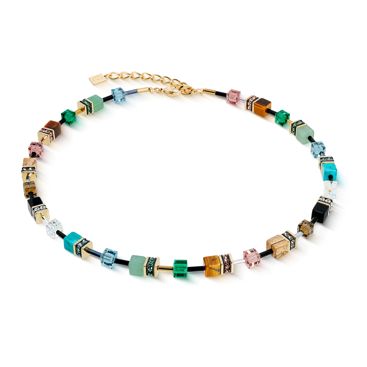 Colorful beaded necklace on a white background