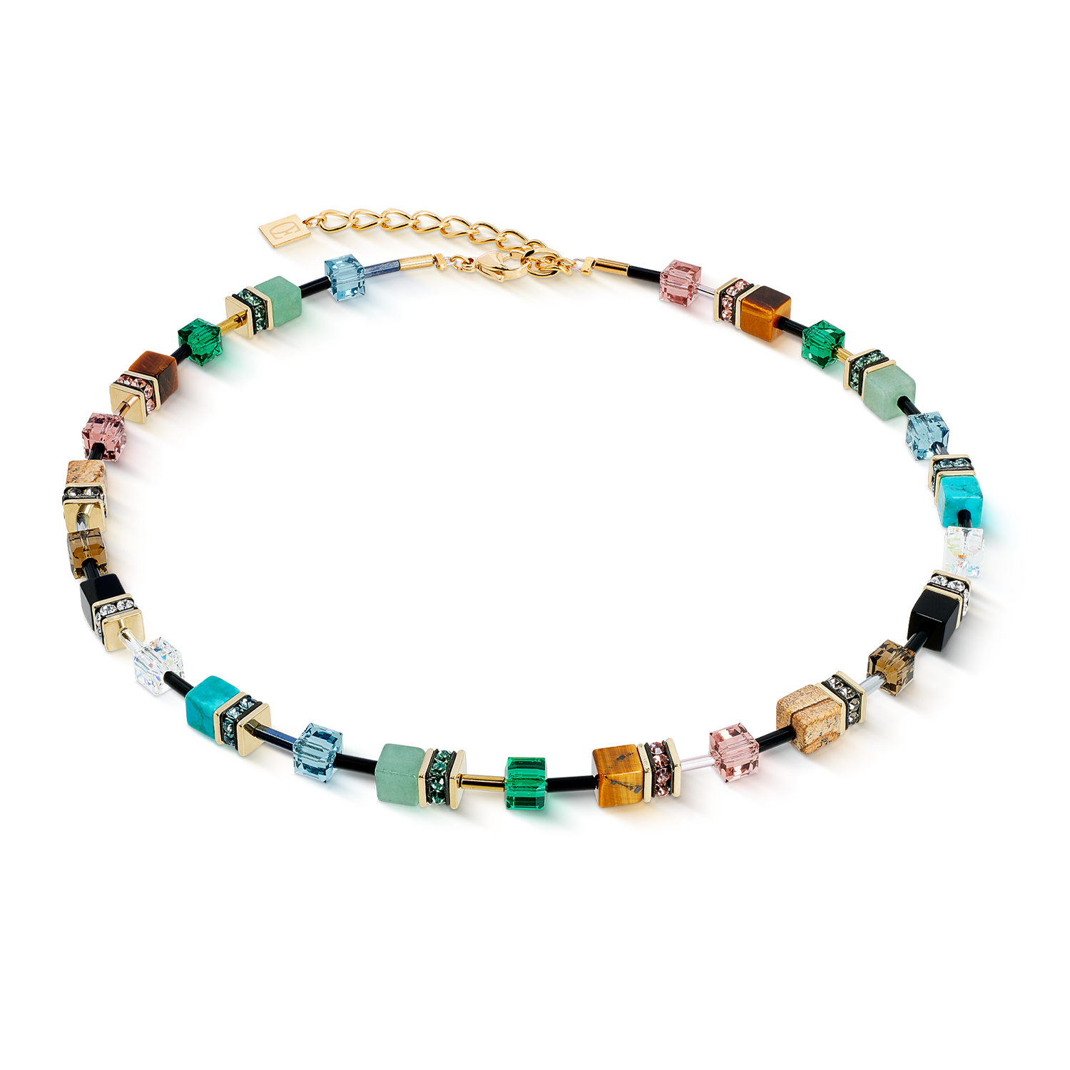 Colorful beaded necklace on a white background