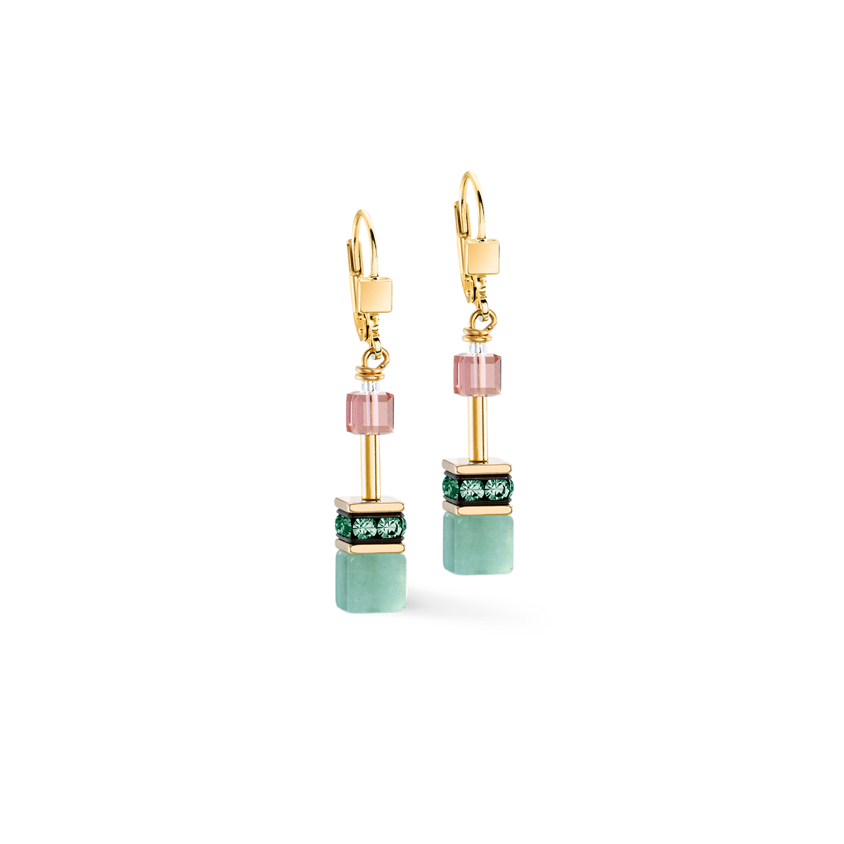 Gold earrings with pink and green gemstones on a white background