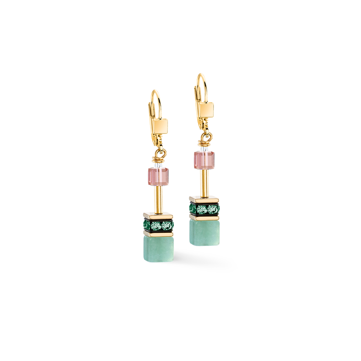 Gold earrings with pink and green gemstones on a white background
