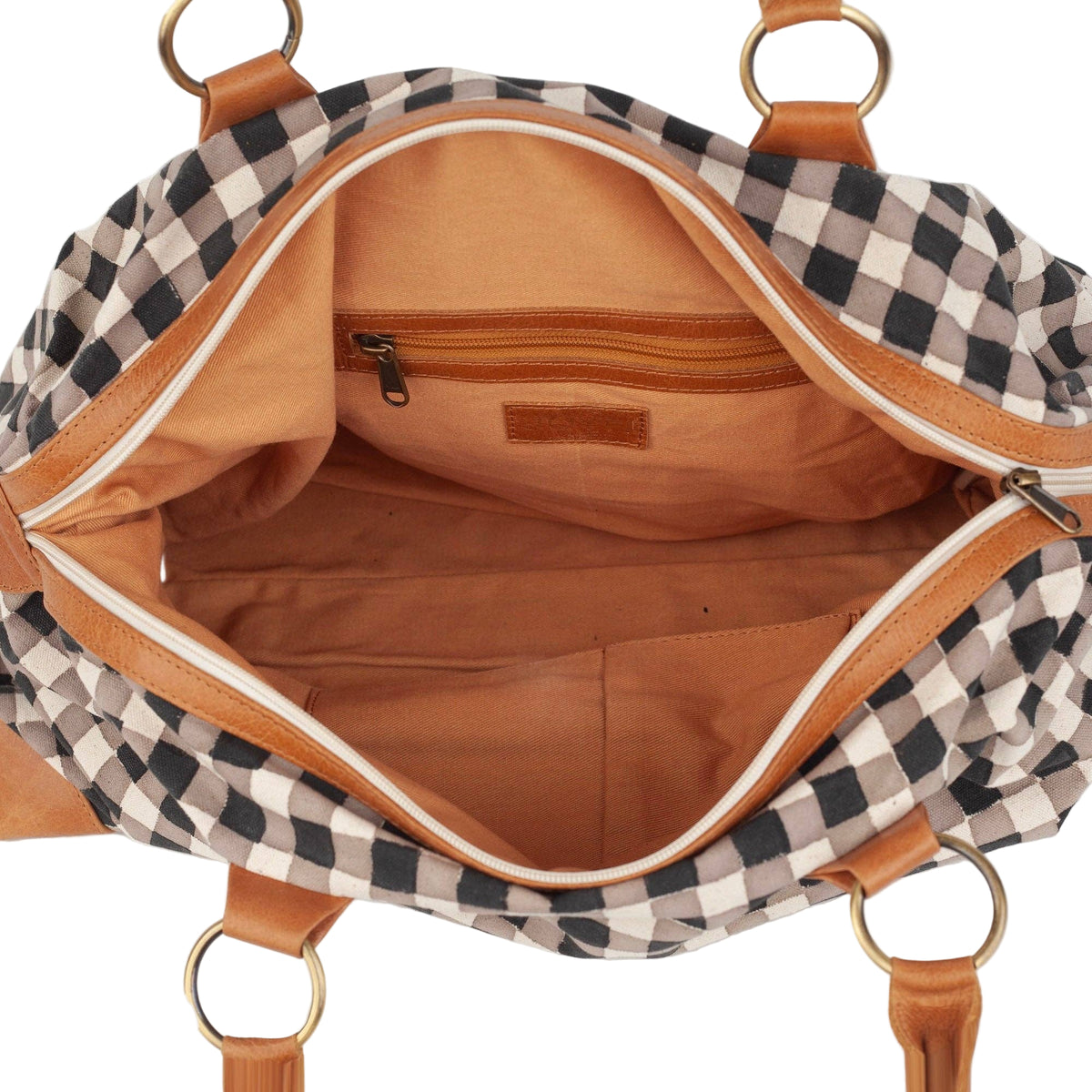 Open bag with checkered pattern and brown interior on a white background