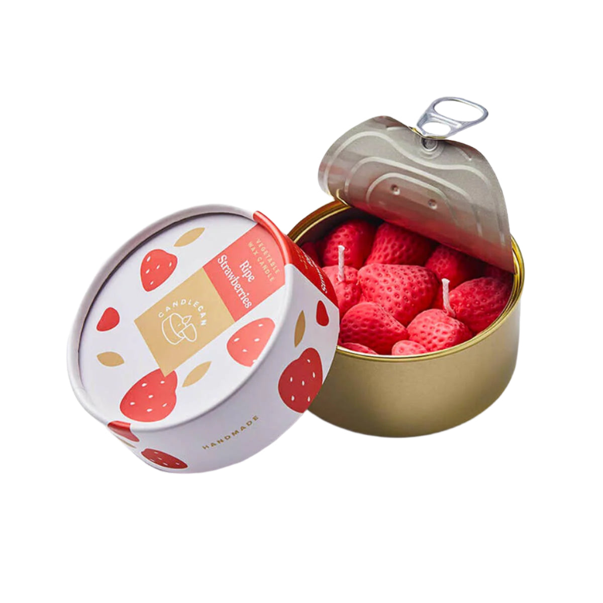 Gold tin with strawberry-shaped candles and a decorative lid on a white background