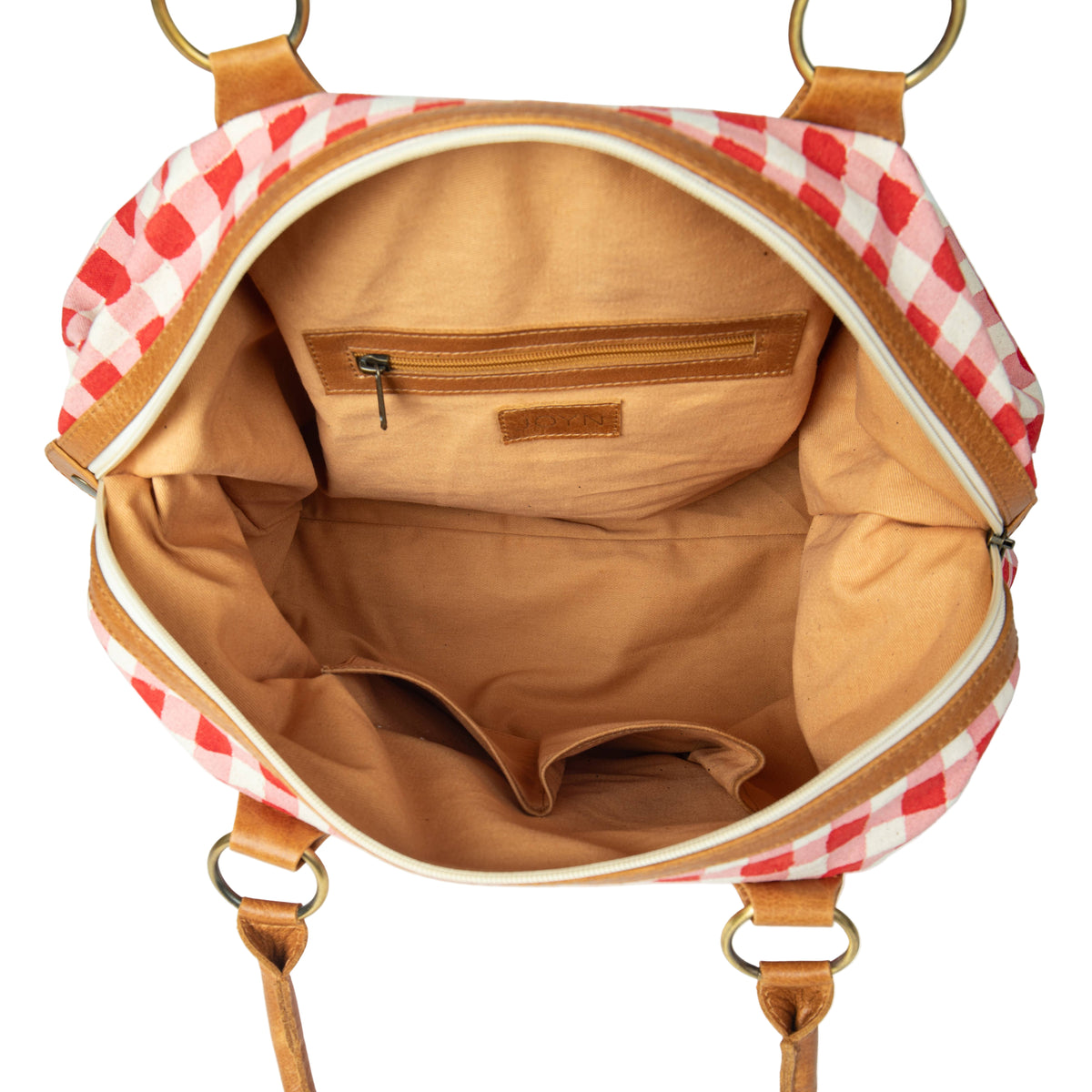 Open bag with red and white checkered interior on a white background