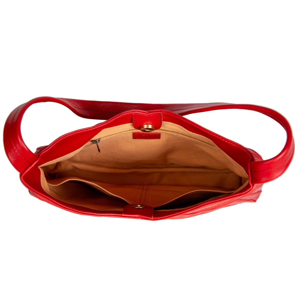 Red handbag with open top on a white background
