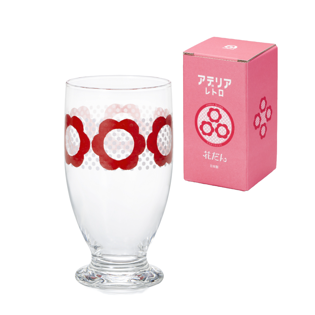 Clear glass with red floral design next to a pink box with Japanese text and graphics